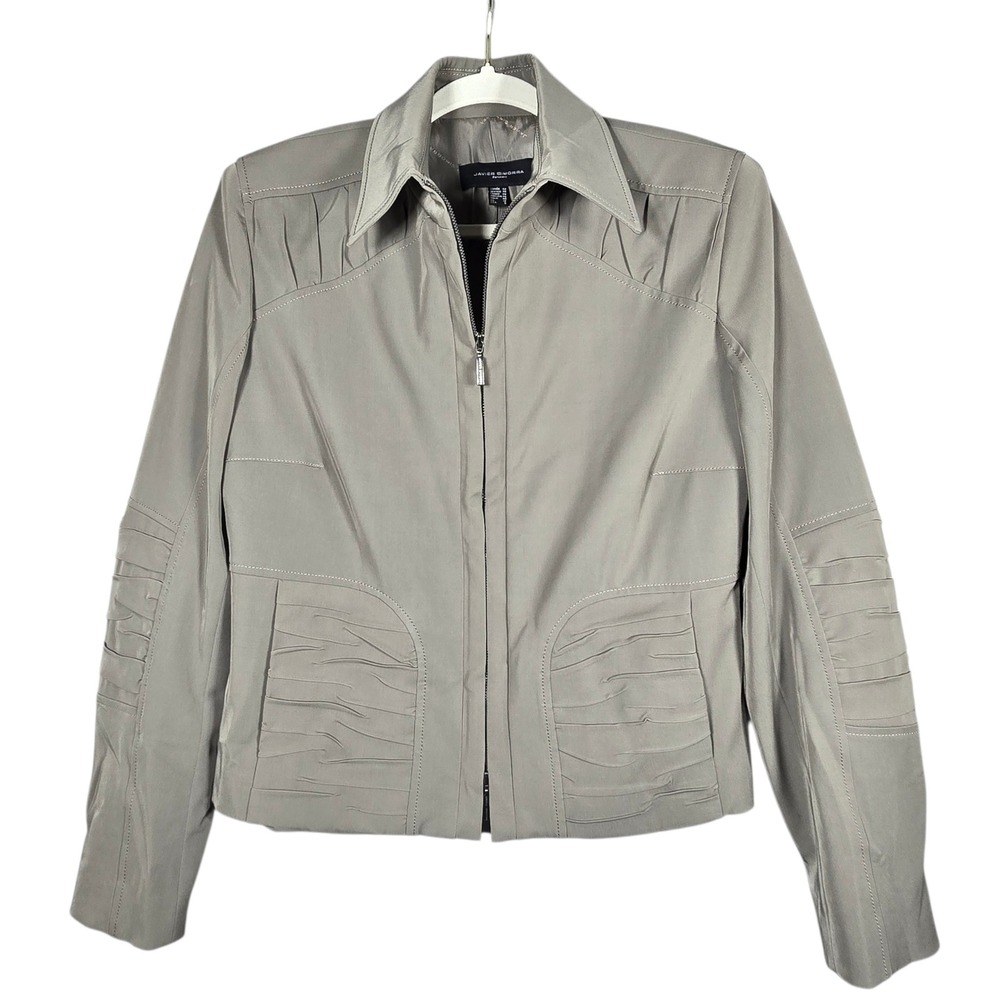 Javier Simorra Barcelona Pleated Moto Jacket Womens 8 Taupe Gray Full Zip Spain